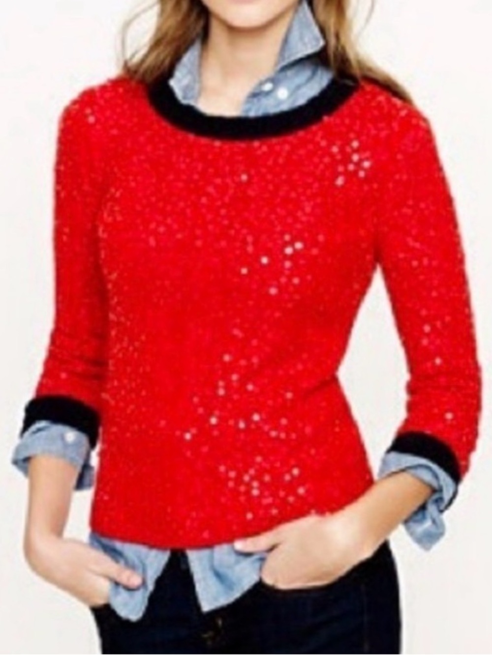 J. Crew Red SequinNavy Crewneck  Sweater Size Medium